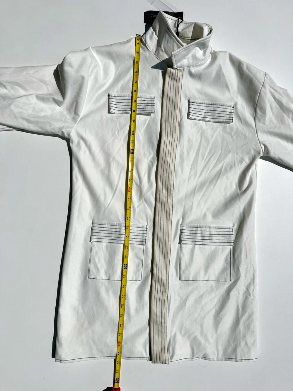 NWT Maniere De Voir White Long Coated Field Jacket Faux Leather Black Stitching